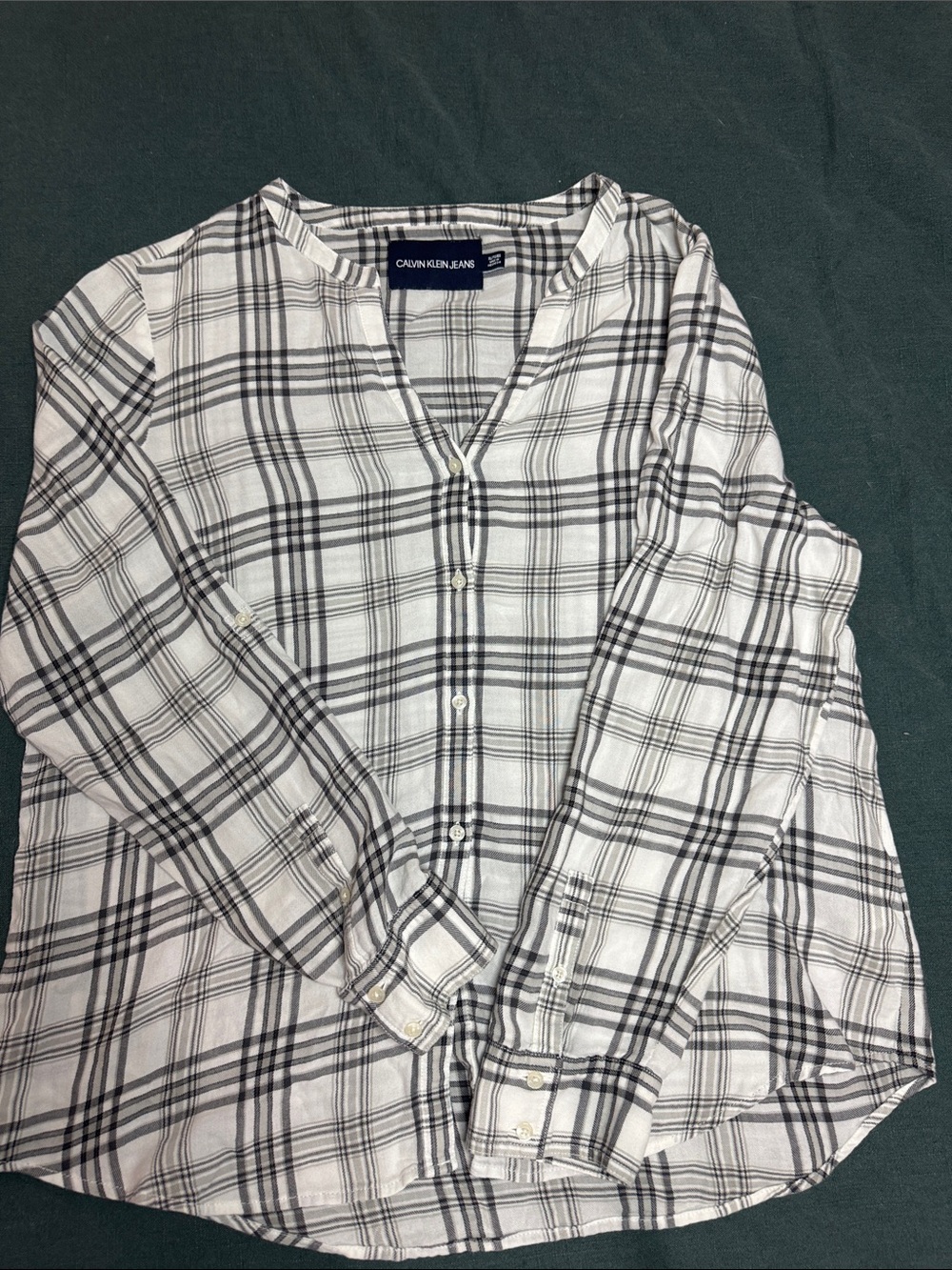 Calvin Klein Jeans White and Black Plaid Henley Button Shirt